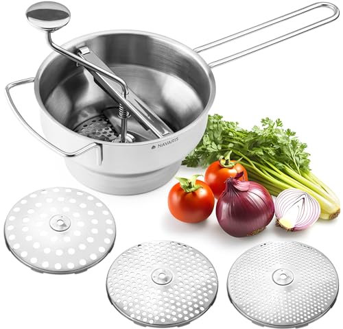 Navaris Passiergerät aus Edelstahl mit 3x Siebeinsatz - Passiermühle für Suppe Marmelade Baby Brei Saucen - 3 Stück Sieb Einsätze - Mühle Presse aus langlebigem Edelstahldesign