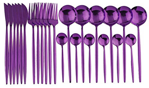 24 stücke Weißgold Geschirr Set Edelstahl Messer Gabel Löffel Besteck Set Küche Geschirr Set Flatware Set essgeschirr (Color : 24Pcs Purple)