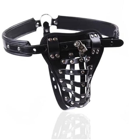 Peniskäfig aus Leder Imitat mit Schloss BDSM Keuschheit Chastity Männer mit Nieten Heavy Cock Cage Penis Käfig Gehorsamkeit Bondage Keuschheitskäfig Metall