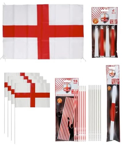 England Football Decorations St George England Flag with String 76cm x 50cm PLUS x4 St George Plastic Hand Flags with Sticks 12” x 8” & 19 Red & White Glow Sticks & 10 Jumbo Glow Baton