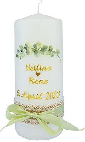 Wiedemann Kerzen Hochzeitskerze mit grünen Blüten und grüner Schleife 200 x Ø 80 mm mit individueller Namensverzierung aus Wachsbuchstaben