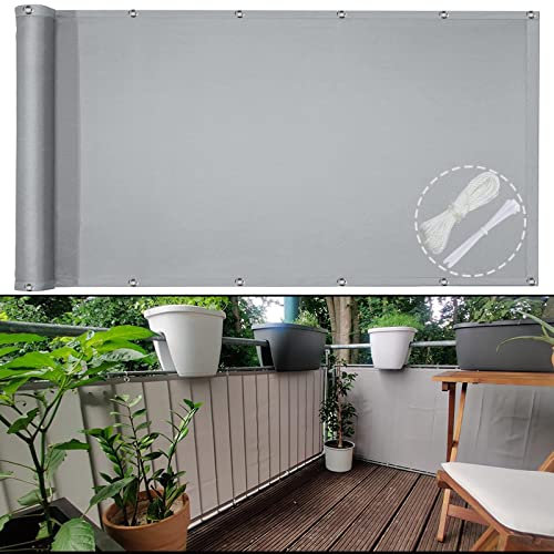 Balkon Sichtschutz Balkonabdeckung 140X450cm Balkonbespannung balkonsichtschutz seitensichtschutz ohne Bohren Wasserfest Windfest UV-Schutz für Garten Terrasse mit ?sen Kabelbinder Seil hellgrau
