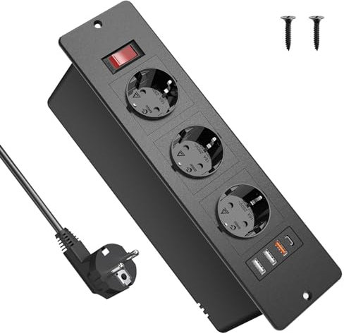 Presa da incasso con USB C PD20W, 3 prese, 3 prese USB con interruttore, ciabatta da scrivania con cavo da 2 m, ciabatta da incasso per casa, ufficio, nero