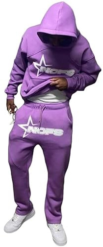 NOFS Men's Y2K Hoodie & Jogging Bottoms Set, Sports Suits, Hooded Jumper & Joggers, Running Suit, Gym, Warm Streetwear, Purple, XL