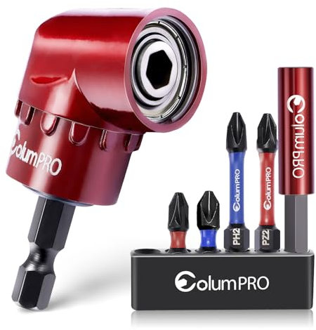 ColumPRO 105 Degree Right Angle Drill Screwdriver Bit Set, 1/4'' Hex Shank Right Angle Drill Attachment with 4PCS PZ2 & PH2 Screwdriver Bits and Bit Holder
