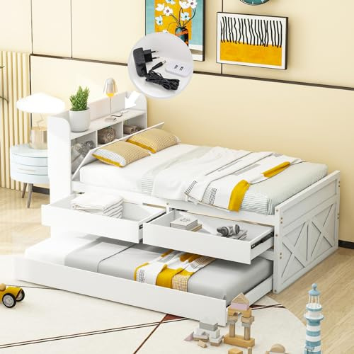 KecDuey Cama individual de madera maciza de 90 x 190 cm, cama de pino multifuncional con cajón extraíble y somier de láminas, mesita de noche con estantes con conector USB, cama juvenil, cama de