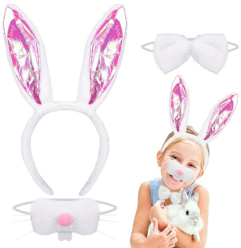 XEPST Ensemble de Costumes de Lapin Animal, Oreilles et Nez de Lapin avec Bandeau Oreilles de Lapin Noeud Papillon Nez de Lapin pour Costume de Lapin de Pâques Anniversaire Déguisement d'Halloween