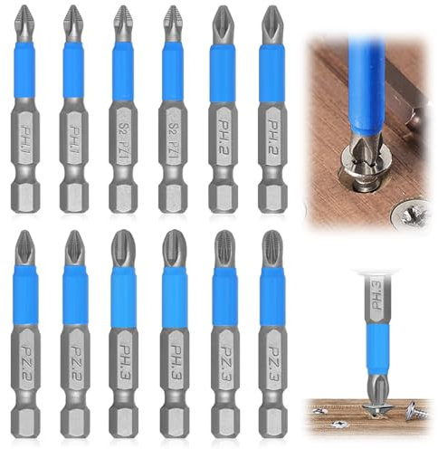 12 Pcs Screwdriver Bit Set, Magnetic Screw Driver Power Drill Bit, Electric Hand Drill Tool Accessory, for Screwdrivers Drill, 50mm (PZ1, PZ2, PZ3, PH1, PH2, PH3)