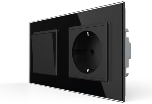LIVOLO Wipp einfacher Taster Lichtschalter mit Schuko Steckdose für Unterputz doppelter Einbau Tasterlichtschalter VL-C7-K1H/C1EU-12-A Schwarz im zweifachem Glasrahamen Wandschalter Einbausteckdose