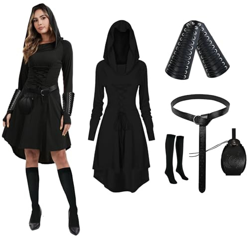 PORJDN Juego de vestido gótico para mujer, ropa medieval para mujer, túnica de Halloween, vestido con capucha con cinturón, bolsa de monedas doradas retro, corsé, calcetines sobre la rodilla,