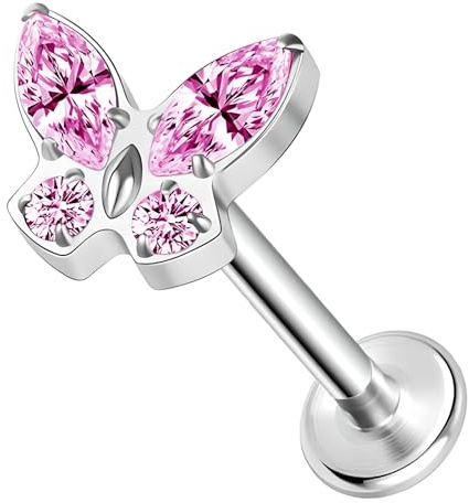 ESHIONER G23 Titan Piercing Schmuck für Tragus Helix Conch Medusa Labret Lip Bar Stecker Knorpel Ohrringe Hypoallergen Schmetterling Silber Rosa Internally Threaded Flat Back Stud Piercing Ohr 16g 8mm