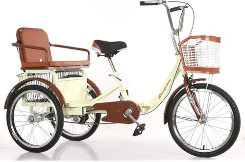 3 Räder 20 Zoll faltbares Dreirad für Erwachsene mit starkem Einkaufskorb Rücksitz Fahrrad Pedal Cruise Bike Single Speed Doppelkette Radfahren Treten (Beige)