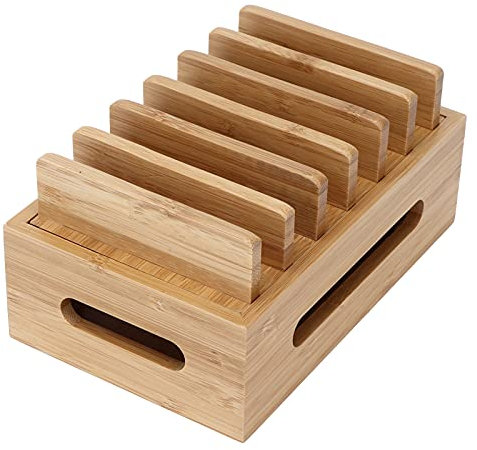 Yuecoom Bamboos Device Organizer, Wood Laptop Charging Station Portable Charging Station Organizer Tablet Computer Organizer Storage Box for Home Office