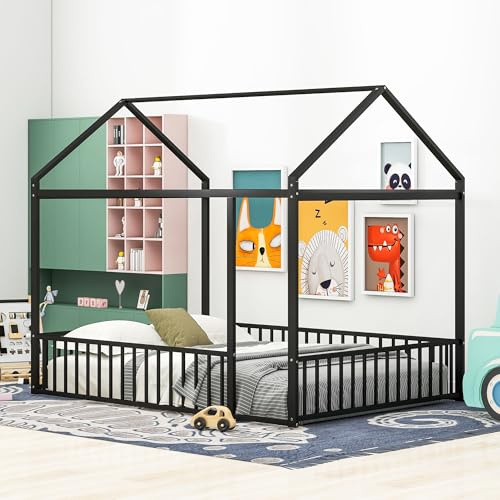 Kinderbett Bodenbett Hausbett 140x200, Metallbett Doppelbett Montessori Bett Bed Gitterbett mit Rausfallschutz und Dach, Bettgestell Spielbett Jugendbett Bettenhaus, Ohne Matratze&Lattenrost, Schwarz