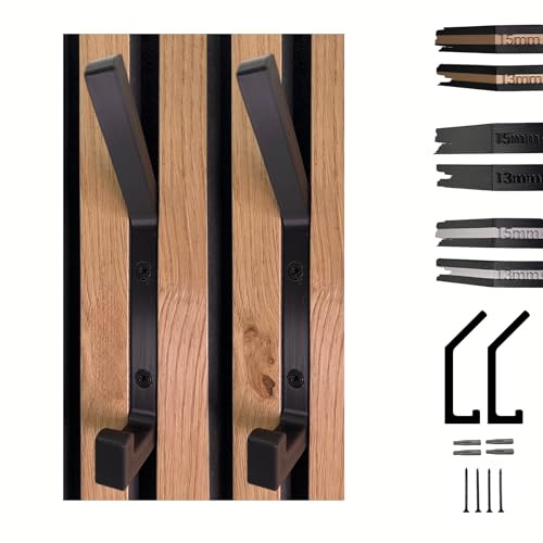 Generisch 2 stabile Wandhaken für Akustikpaneele & Wände – Höhe 16cm – Garderobenhaken schwarz für 15mm Lamellenabstand der Wandpaneele – 3D gedruckte Kleiderhaken – Inkl. Montagematerial