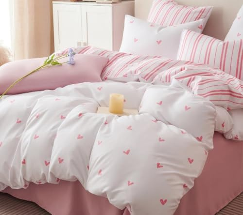 Freyamy Housse de Couette 200x200cm Amour Rose Parure de lit 2 Personne en Microfibre avec Fermeture Éclair Réversible Sets de Housse Couette Cœur avec 2 Taie d'oreiller 65 x 65cm pour Filles Enfants