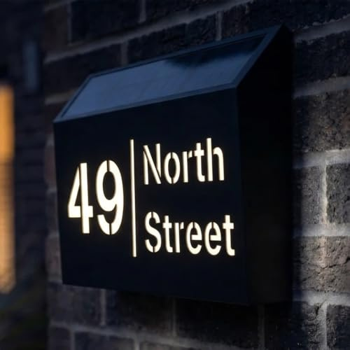 Housics Solar Powered House Sign with Customised Illuminated Name & Number | 280mm x 180mm Fully Waterproof IP65 Cool White LED Address Plaque Perfect for Outdoor