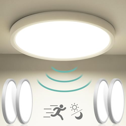 Oraymin 4 Stücke LED Deckenleuchte mit Radar Dämmerungssensor, 18W 1800LM Rund Sensor Licht，4000K Rund Deckenlampe mit Bewegungsmelder Innen für Flur Treppe Küche Balkon Abstellraum Keller Ø23×2,4cm