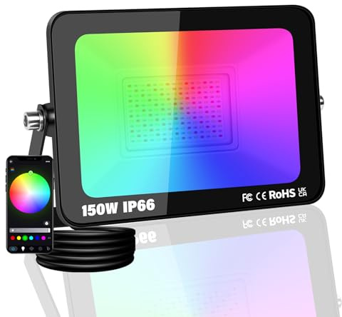 PICAA 1 pcs Projecteur LED Extérieur Sans fil RGB 150W 15000LM, Multicolore | 16M couleurs, Contrôle App, Musique, Modes, IP66 étanche - Pour jardin, terrasse, disco, soirées, scène, Déco - Prise UE