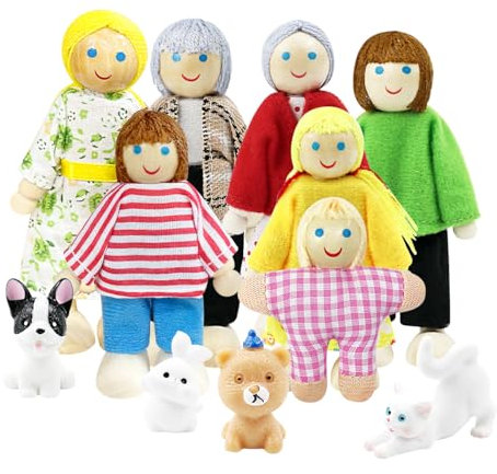 PJHAJH Puppenhaus Puppen 11 Stück Hölzerne Puppenhaus Puppen Familie Set, Puppenfamilie Figuren, Biegepuppen mit Katze und Hund, Puppenfamilie aus Holz Zubehör Geschenk