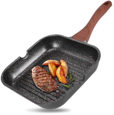 SUNJULY Griddle Pan, Griddle Pan for Induction Hob, 28 Cm Non-Stick Steak Pans, Suitable for Indoor Cooking and Outdoor Grilling, Square Grilled Steak Frying Pans,Pfoa-Free