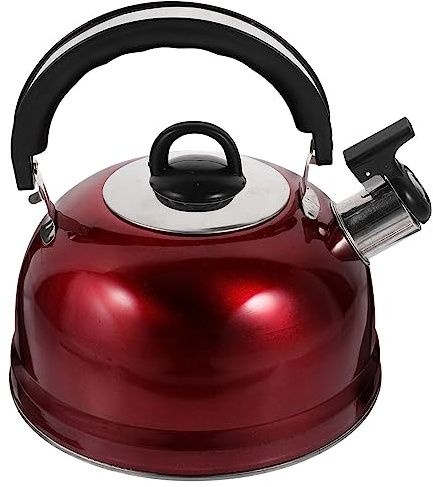 Pfeifender Edelstahl Teekessel 3l Rot mit Ergonomischem Griff | Weite Öffnung, Kunststoffgriff, für Induktionsherde Geeignet, Lebensmittelecht Zufälliger Stil