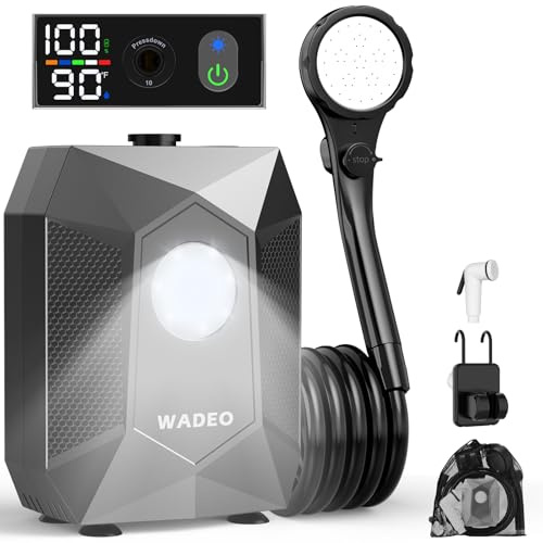 WADEO Portable Shower for Camping, 6000mAh Rechargeable Camping Shower Pump with Camping Light, 5 Pressure Levels, IPX8 Waterproof Outdoor Camp Pump for Hiking, Travel, Car, Pet