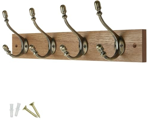 keypak Rustic Wall-Mounted Coat Rack 4 Brass Hooks 46cm Wood Rail | Handcrafted Dark Wood with Antique Brass Hooks for Coats, Towels & Bags