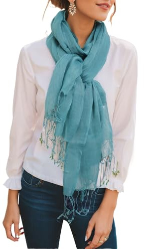 Prettystern linne unifärg unisex sommar franshalsduk, T16 pastellblå-grön, 180/55 cm + seitlich 10cm Fransen