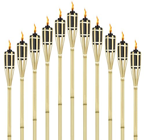 VANCHEMO Antorcha de jardín, 12 antorchas de bambú para jardín, antorchas de aceite de bambú, altura de 90 cm, aceite de lámpara con mecha para fiestas en el jardín, camino, patios traseros, césped