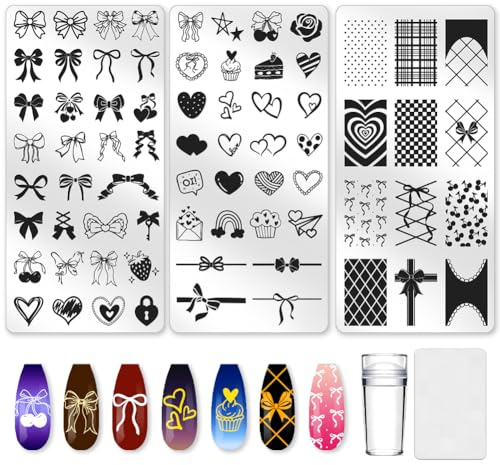 beinkmake 3Pcs Bow Nail Stamping Plate Set Girly Elements Romantic Heart Shape Stainless Steel Nail Stamp Templates Clear Silicone Nails Stamping with Stamper Scraper for Manicure Printing