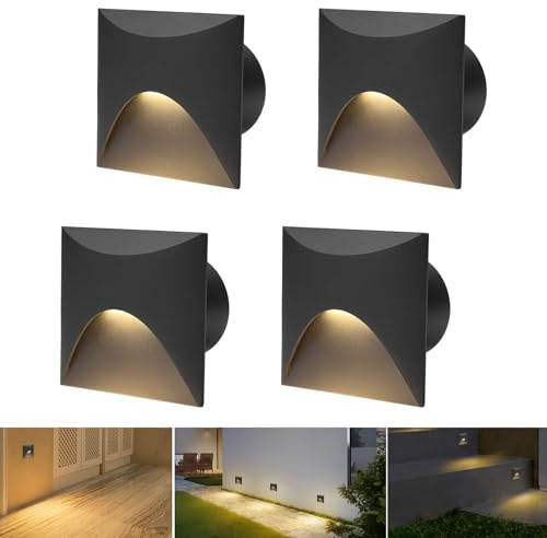 Arotelicht 4er 3W LED Treppenlicht Warmweiß 3000K Aluminium Wandleuchte 230V Eckig Einbaustrahler Treppenleuchte IP44 Wasserdicht Innen Außen Schwarz Stufenlicht, mit Unterputzdose