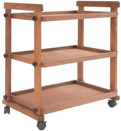 Carrello in legno a 3 piani in legno di faggio, multifunzione con ruote e maniglie, robusto carrello da portata per artisti, cucina, soggiorno – marrone vintage