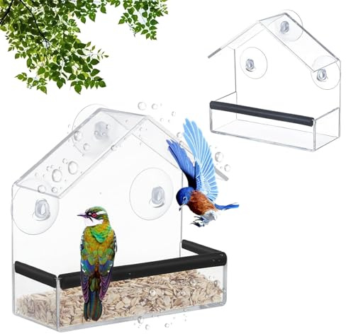 Fenster Vogelfutterspender, 15 x 15 x 6 cm, 2 Stück Transparenter Fensterscheibe Vogelhaus, Vogelfutterstation aus Acryl Futterspender, Jedes Stück mit 3 Saugnäpfen und 3 Klebebändern, für Balkon