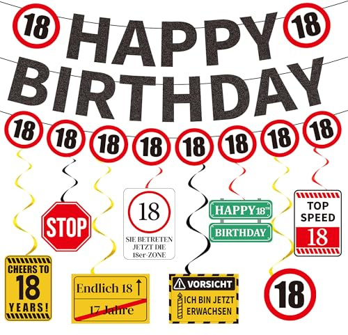 Deko 18. Geburtstag Junge Banner - 10 Stück Deko fur Mädchen | Deko mit Banner Girlande Wimpelkette Verkehrsschild Verkehrszeichen für 18 Geburtstag Mädchen Party perfekt