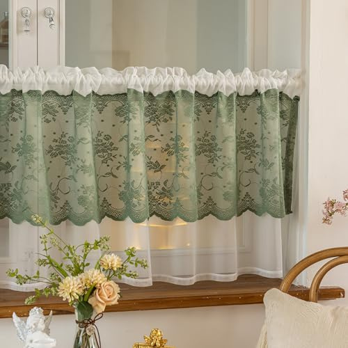 HiSnug Grün Scheibengardinen Bistrogardine für Gardinen Kurz Halbtransparente Küchengardinen für Fenster Küche Wohnzimmer, Vintage-Spitze, Doppellagig überzogen, H45 x B100 cm - 1 Stück