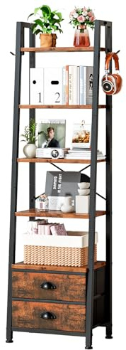 Wooruy 5 Tier Narrow Bookshelf with 2 Fabric Drawers Corner Ladder Shelf | Slim Freestanding Bookcases Display Shelving Unit for Home Office,Studies,Living Room,Bedroom,Small Space,39W x 29D x 161H CM