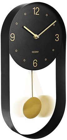 DECORAY Orologio da Parete Moderno con Pendolo Silenzioso – Design Minimalista Nero & Oro – Movimento Silenzioso, 2 Pendoli Inclusi – 40×20 cm – Per Soggiorno, Cucina, Ufficio