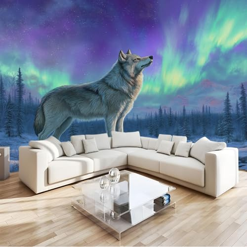Carta da Parati Fotomurale XXL 200 x 140 cm, Viola Poster Murale 3D in Tessuto Non Tessuto per Parete TV Corridoio e Soggiorno, Decorazione Interni Fantasia Montagne Innevate Aurora Boreale Lupi