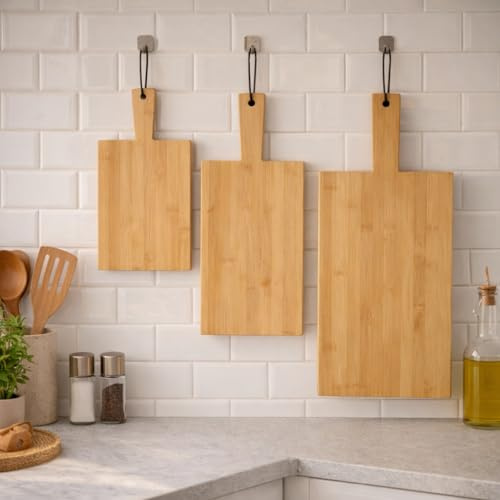 Set 3 Taglieri in Bambù con Manico – Tris Taglieri Cucina Rettangolari 28,5/33 / 40 cm – Tagliere Legno per Pane, Salumi, Formaggi – Elegante per Tavola, Cucina, Ristorante e Regalo Casa