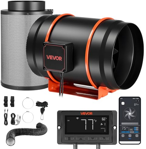 VEVOR Kit Estrattore Aria in Linea 1372 m³/h, Kit Ventilatore da Condotto con Filtro a Carboni Attivi, Motore EC 203 mm, 10 Livelli di velocità, Controllo PWM con App e Timer, per Giardinaggio Indoor