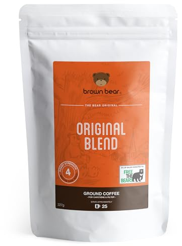 Medium Dark Roast Strong Ground Coffee 227g - Ideal for French Press Cafetiere Filter Drip V60 Aeropress - Brown Bear Original Blend - Strength 4 Coffee - Donation to Free The Bears
