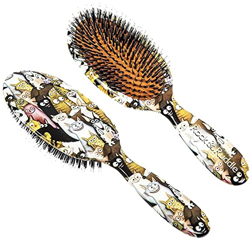 Rock & Ruddle Natural Mixed Boar Bristle Hair Brush for Women and Kids (Large, 21cm) - Perfect for Wet or Dry Hair, Detangling Smoothing Blowdrying - Designed & Made in UK - Cats and Dogs Design
