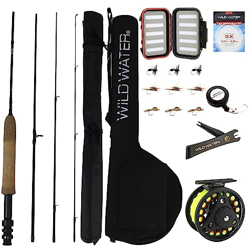Wild Water Standard Fly Fishing Combo Starter Kit, 5 Foot 6 Inch Graphite Rod, 3-Weight, 4-Piece Fly Rod Kit, Includes Die Cast Aluminum Reel, Fly Box, Flies and Hard Tube Case with Pouch