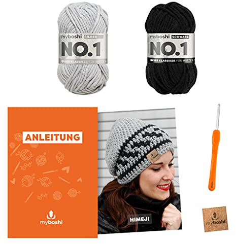 myboshi Häkelset Mütze Himeji, inkl. No.1 Wolle, Nadel und Anleitung, für Mützen und Schals, Häkelpaket, 30% Merinowolle Schwarz mit Häkelnadel