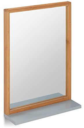 Relaxdays Specchio da Parete con Mensola, da Appendere, per Bagno/Ingresso, Cornice in Legno, in Bambù & MDF, Marrone Chiaro/Grigio