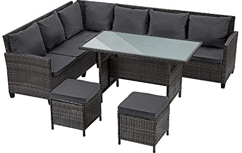 Panana 8 Seater Rattan Garden Furniture Corner Dining Set, Outdoor Sofa Set with Dining Table, 2 Stools, Cushions, Free Cover for Patio & Conservatory (Mixed Grey Wicker with Grey Cushions)