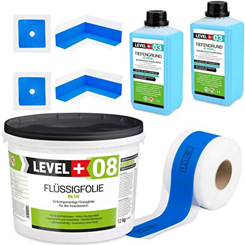 Dicht-Set 12Kg Flüssigfolie, 5m Dichtband,2 Innenecken, 2 Wandmanschetten, 2L Tiefengrund, Dusche, Bad, Küche SET329