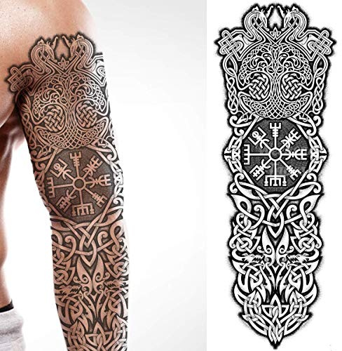 Tatodays tillfällig tatuering full arm stick på kroppskonst viking isländsk medeltida keltisk transfer för kvinnor och män cosplay halloween vuxen aegishjalmur temp tatuering livets träd vargar
