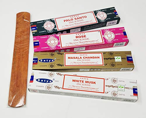 Satya SN3 Räucherstäbchen-Mix, Masala Chandan, weißer Moschus, Palo Santo, Rose mit JR Räucherstäbchenhalter
